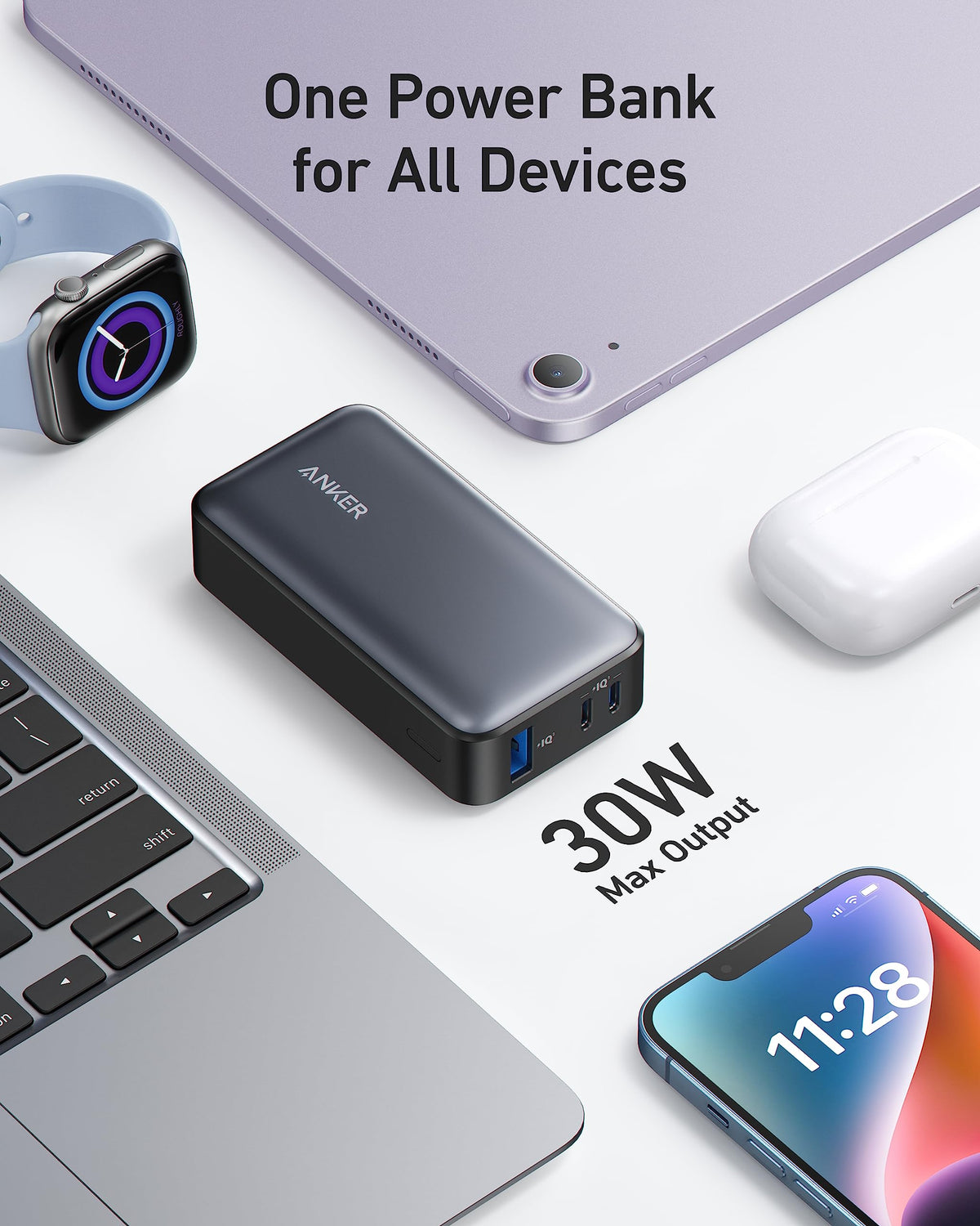 Anker Power Bank, 533 Power Bank (PowerCore 30W), Power IQ 3.0 Portable Charger with PD 30W Max Output, 10,000mAh Battery Pack for iPhone 16/15/14/13 Series, Dell, Microsoft Surface, iPad Pro,and More