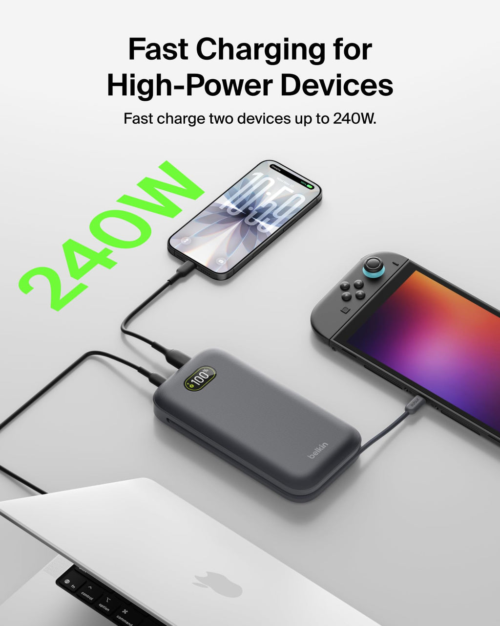 Belkin UltraCharge Pro Power Bank 27000mAh, Portable Charger with Integrated USB C Cable, 240W USB PD - Fast Charging Battery Pack for MacBook Pro, iPhone, iPad, Galaxy, Pixel & More - Charcoal