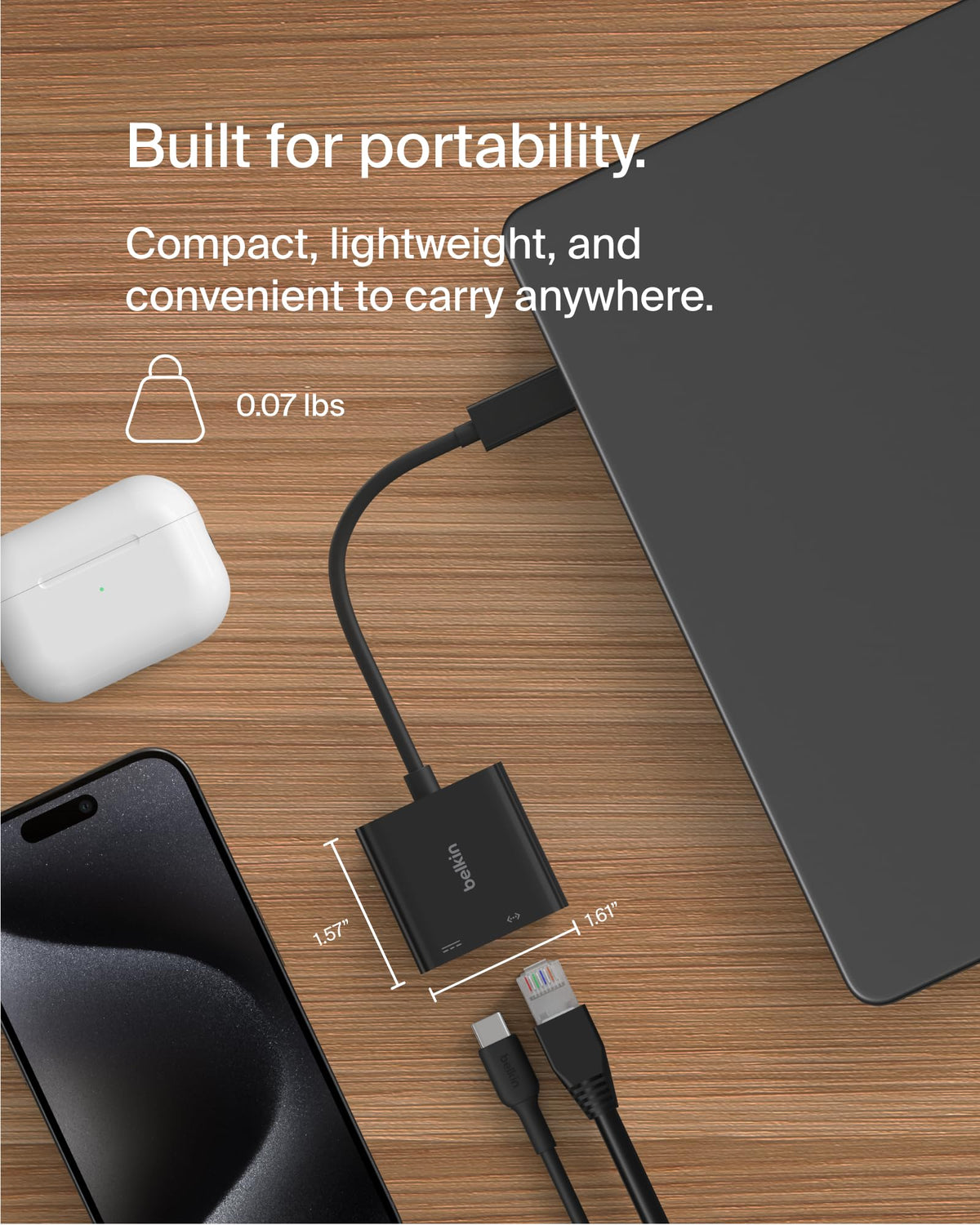 Belkin Connect USB-C to Ethernet + Charge Adapter 100W w/Gigabit Ethernet Port and USB-C Port - [10/100/1000] Mbps for Fast Internet Connection - Compatible with iPhone 16, 15, Galaxy S24 & More