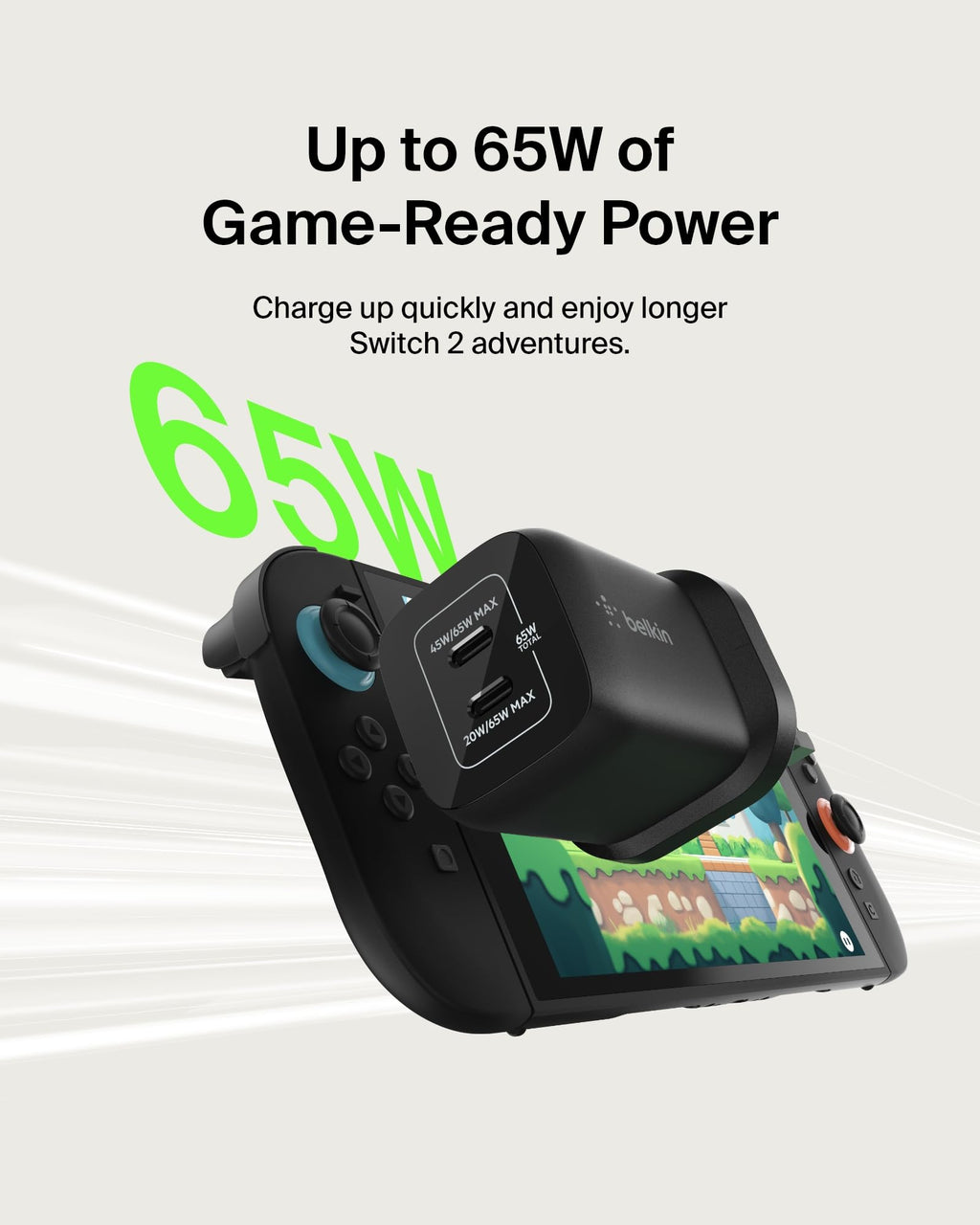 Belkin Gaming Dual USB-C Plug 65W, Wall Charger USB 3.0 Fast Charger with GaN Technology for Nintendo Switch 2, iPhone 16, iPad, MacBook Air, Chromebook, Samsung Galaxy S25 Ultra, and More - Black