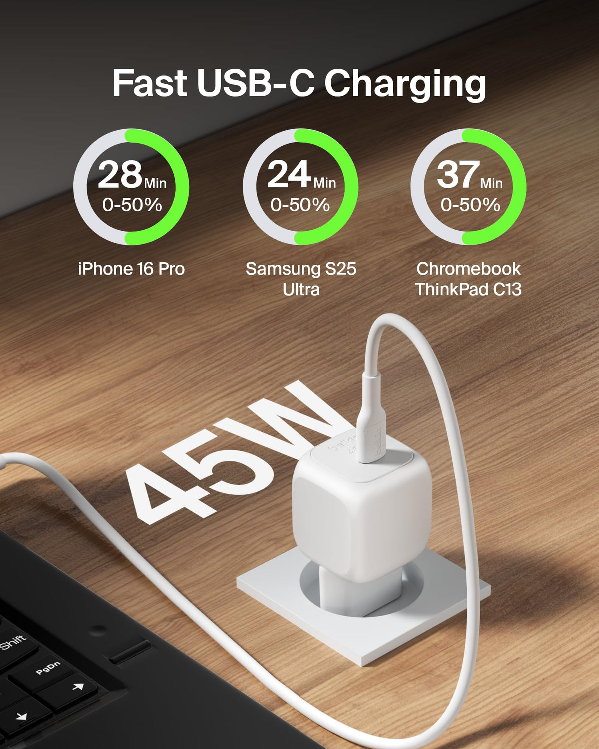 Belkin Compact USB-C Wall Charger (45W) Fast Charger with USB-C Power Delivery for Apple iPhone 16, 16 Plus, 16 Pro, 16 Pro Max, 15 Series, Samsung Galaxy S25, iPad, AirPods and More - White