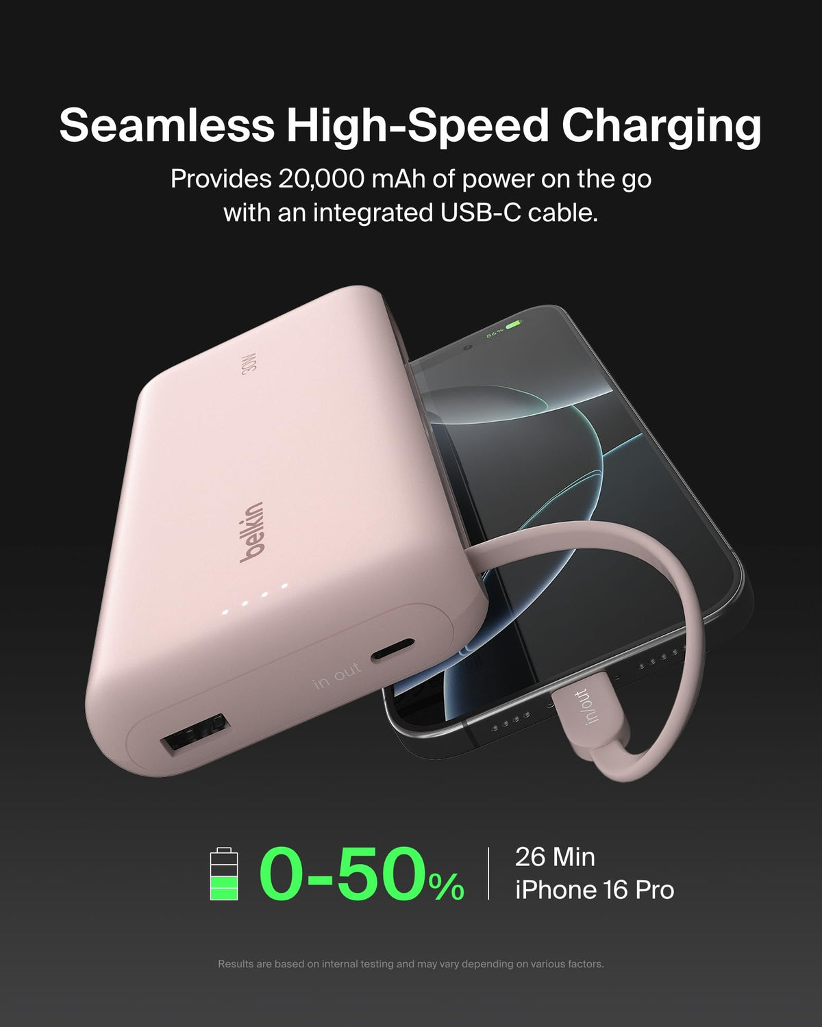 Belkin BoostCharge 20000mAh Power Bank with Integrated USB-C Cable - Pink