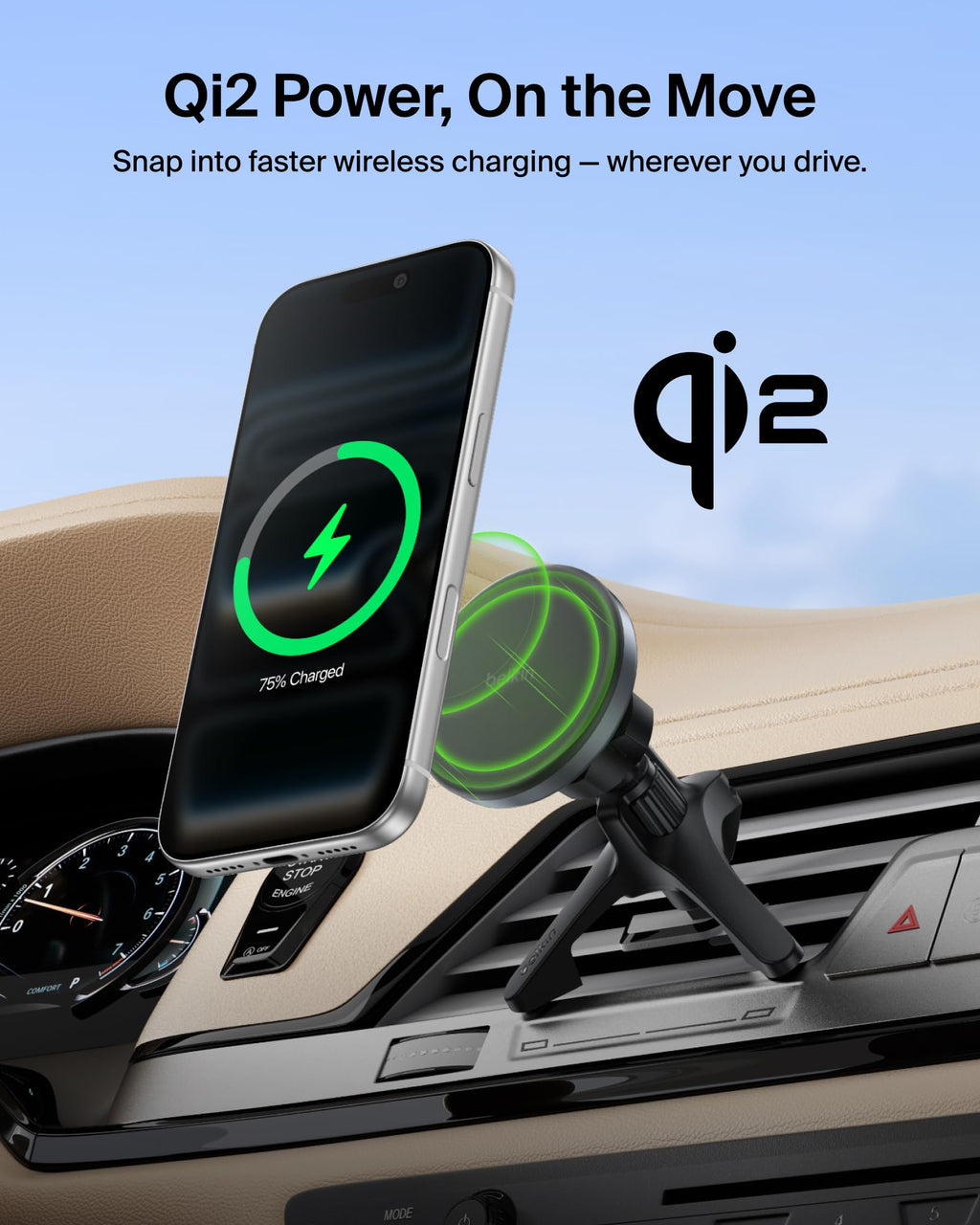Belkin Wireless Car Charger, Magnetic Car Vent Mount & Dash Mount with USB C Cable, MagSafe Compatible Fast Charging for iPhone 17, Galaxy S25, Pixelsnap, & More - Qi2 Travel Car Accessories - Black