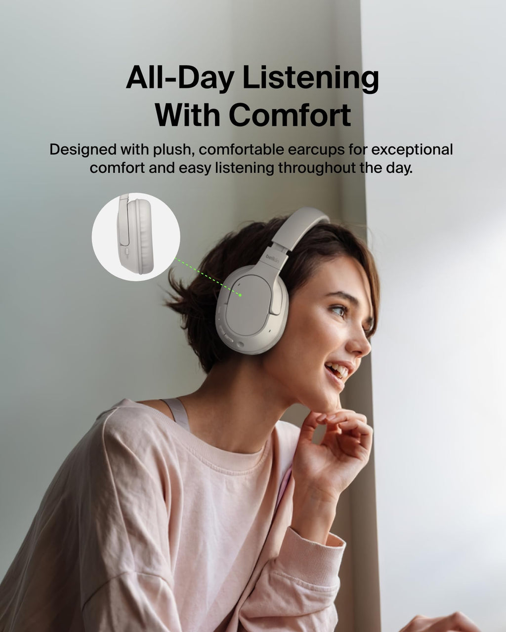 Belkin SoundForm Surround Bluetooth Over-Ear Headphones, Environmental Noise Cancelling Headphones, Wireless with 60H Playtime and Soft Ear Cups for iPhone, Galaxy, iPad, Travel, Home or Office, Sand