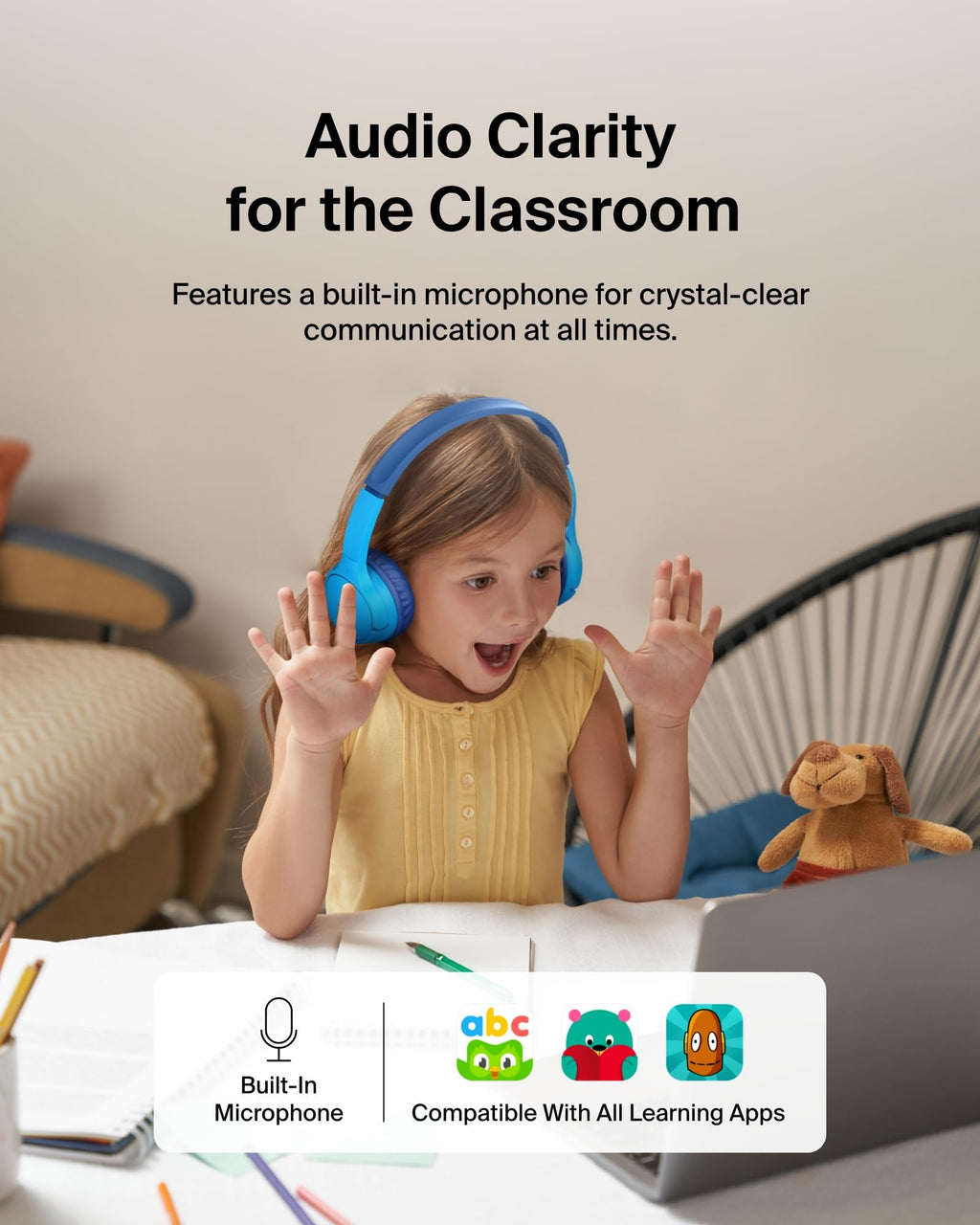 Belkin SoundForm Mini Kids Wireless Headphones with Built-In Microphone, 30H of Playback Time, & Fun Stickers - Over-Ear Headsets for Online Learning, School, Travel, iPhone, iPad, Galaxy - Blue