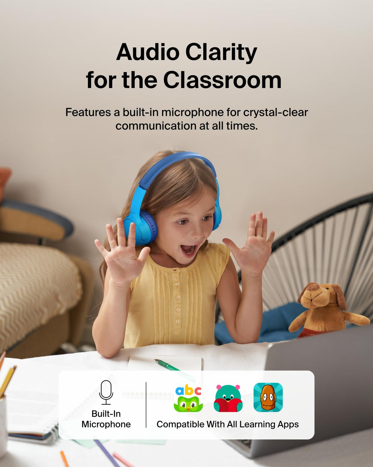 Belkin SoundForm Mini Kids Wireless Headphones with Built-In Microphone, 30H of Playback Time, & Fun Stickers - Over-Ear Headsets for Online Learning, School, Travel, iPhone, iPad, Galaxy - Blue