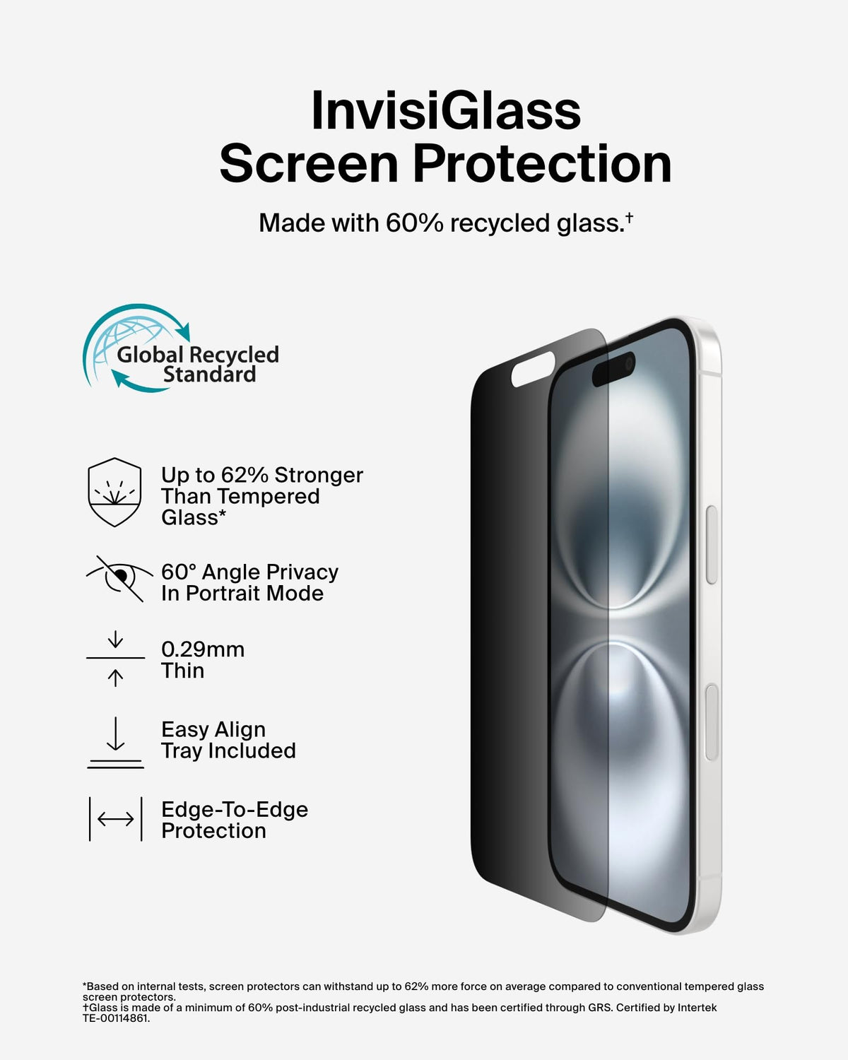 Belkin ScreenForce InvisiGlass iPhone 16 Privacy Screen Protector, scratch-resistant impact protection, easy align tray for bubble free application, recycled glass for iPhone 16, iPhone 15, 14 Pro