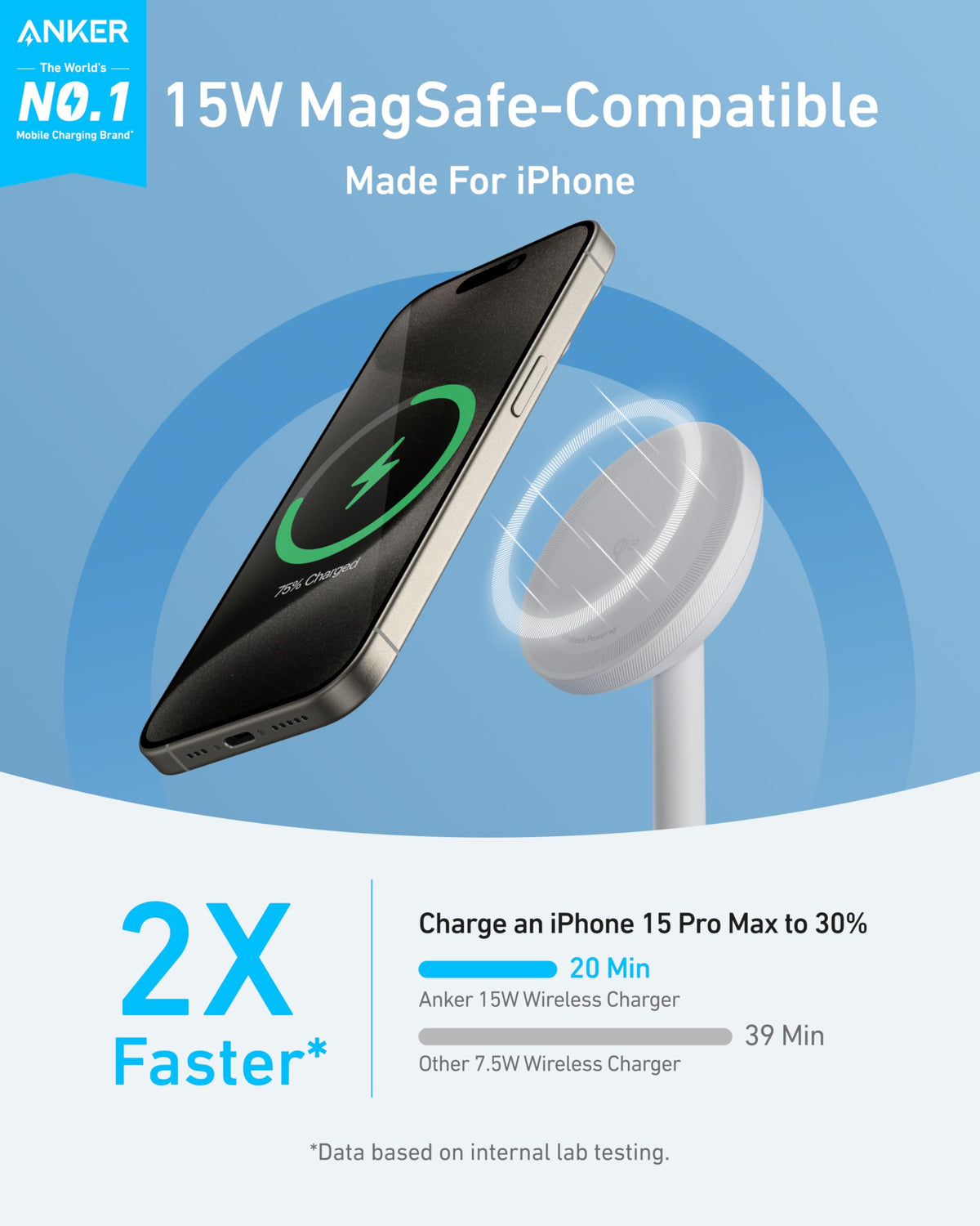 Anker MagGo Wireless Charger, 15W Fast Charging MagSafe Charger Compatible Wireless Charging Stand with USB-C Cable, Qi2 Wireless Charger, For iPhone 16/15/14/13 Series and AirPods (No AC Adapter)