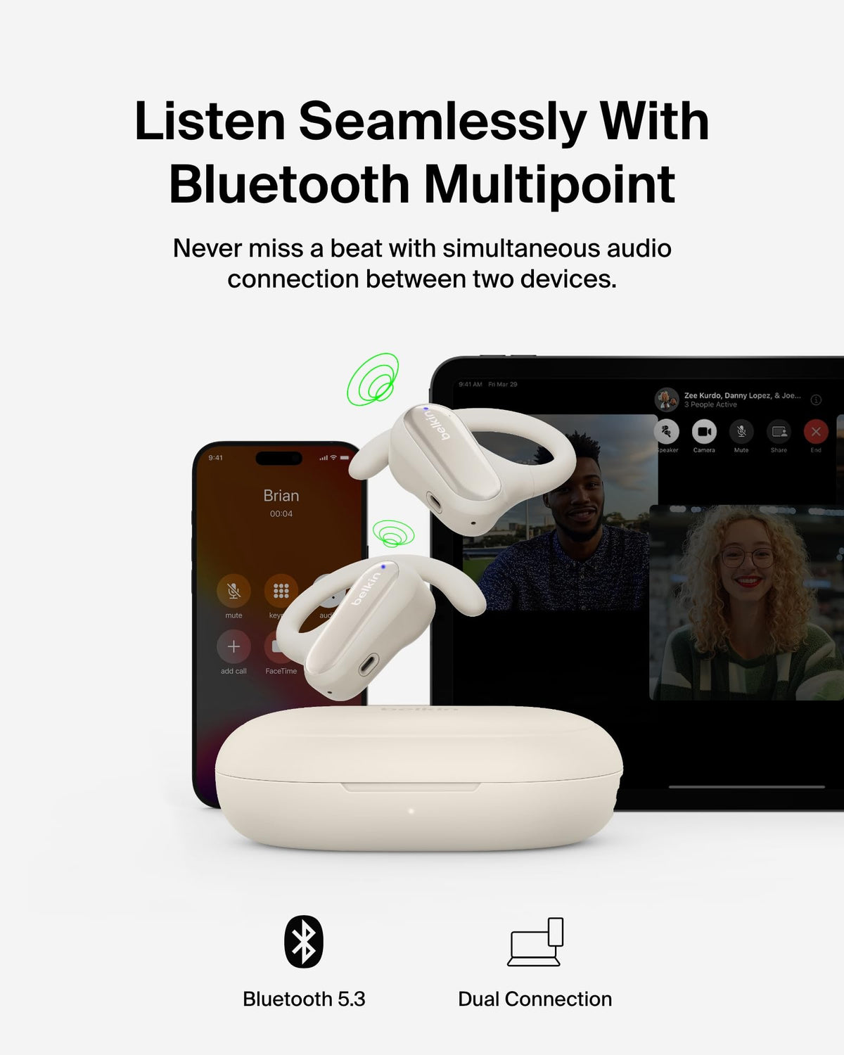 Belkin SoundForm ClearFit Open-Ear Headphones, lightweight wireless earphones with ENC, Bluetooth earbuds with ear hooks, clear calls, 26H playtime, IPX5 running and gym headphones for sports - Sand