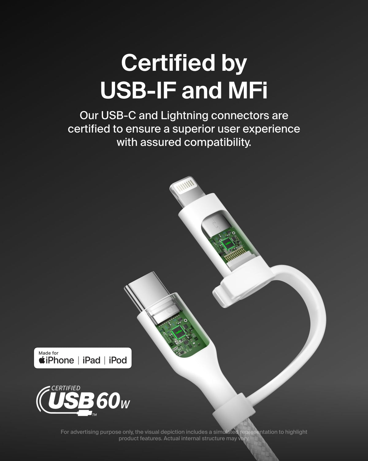 Belkin 2-in-1 Charging Cable with USB-C & Lightning Connector - Braided Fast-Charging Cable, USB-C to USB-C & Lightning Charger Cord, Multi-Charging Combo for Apple iPhone, iPad, Samsung, More - White