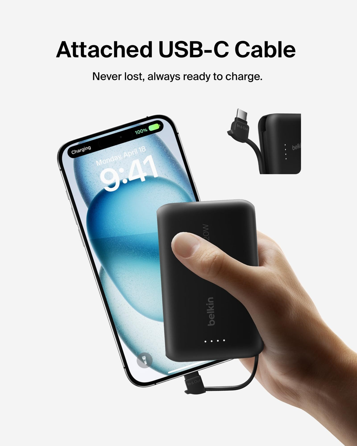 Belkin BoostCharge 10000mAh Power Bank with Integrated USB-C Cable - Black