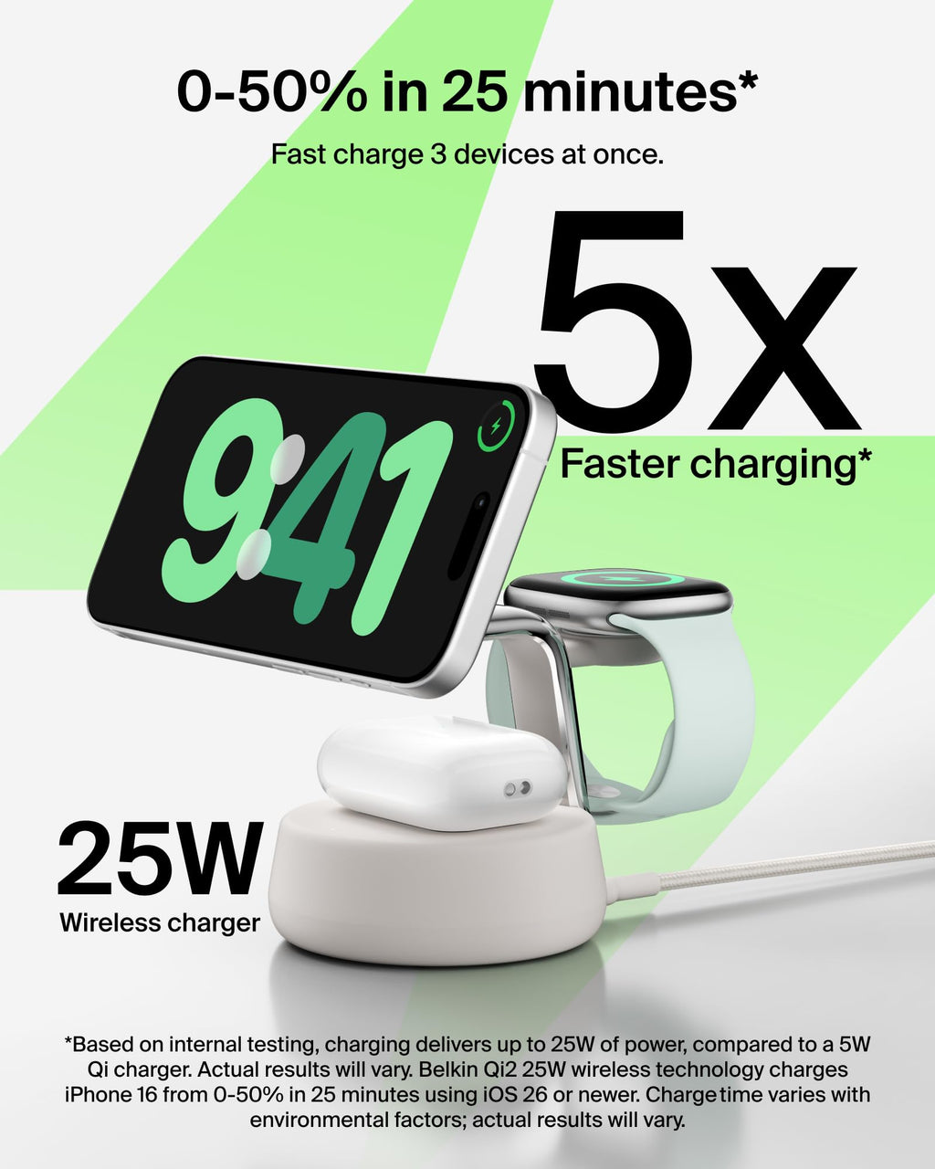 Belkin UltraCharge Pro 25W 3 in 1 Wireless Charging Station, Qi2.2 - Sand