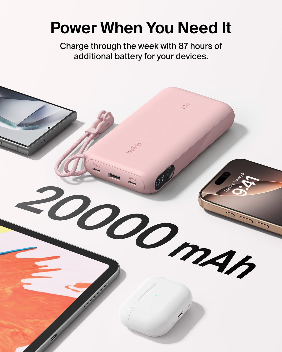 Belkin Portable Charger, USB-C Power Bank 20,000mAh with 2x Type C Ports & 1x USB-A Port, Digital Battery Display, 20W Charging for iPhone 17 Series, Samsung Galaxy S25, Pixel 10, iPad, & More - Pink