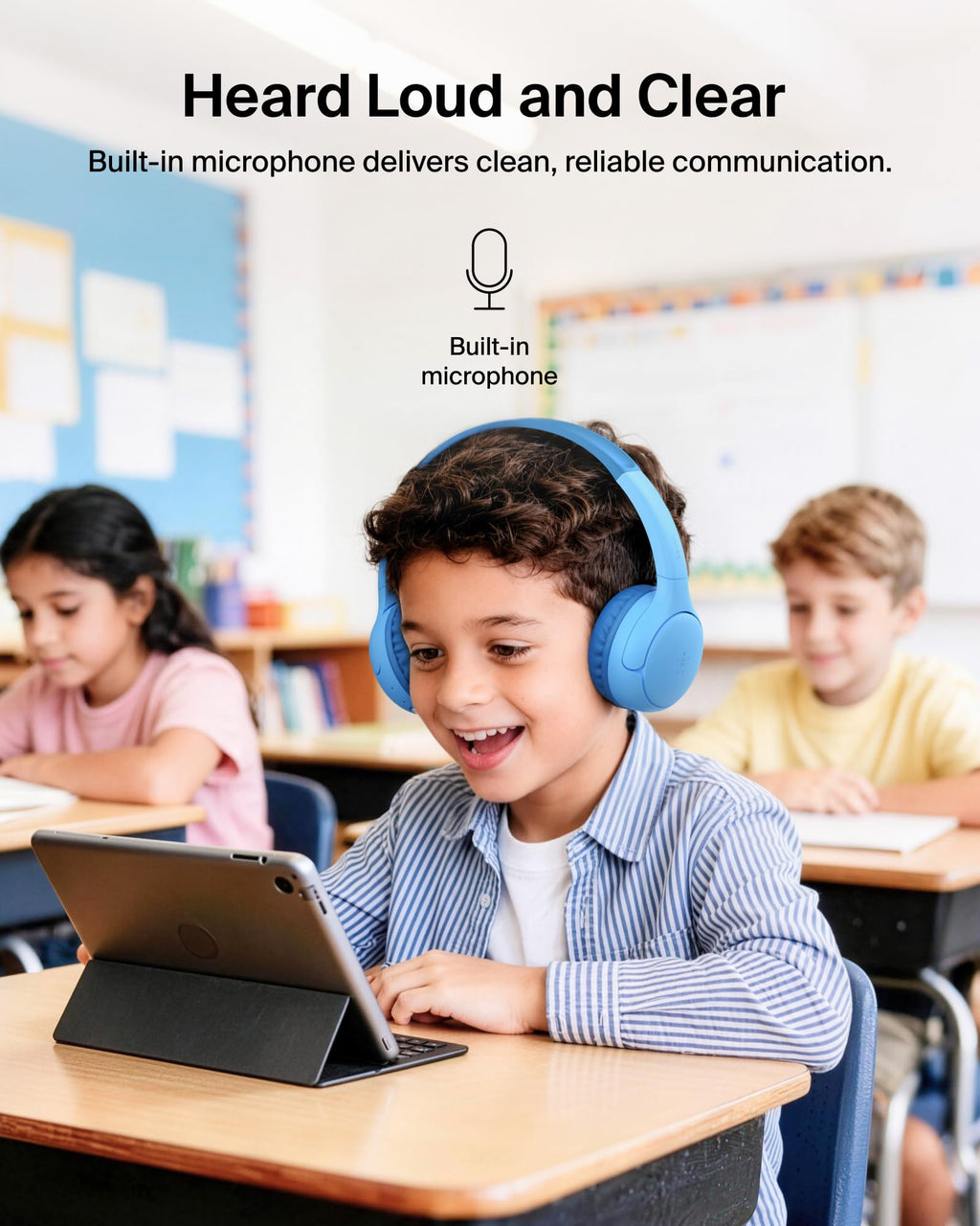 Belkin SoundForm Mini 2 Wireless Headphones for Kids, On-Ear Bluetooth Headphones, 55H Playtime, 85dB Safe Volume Limit, Built-in Microphone, Kids Earphones with Case for iPhone/iPad/Tablet - Blue