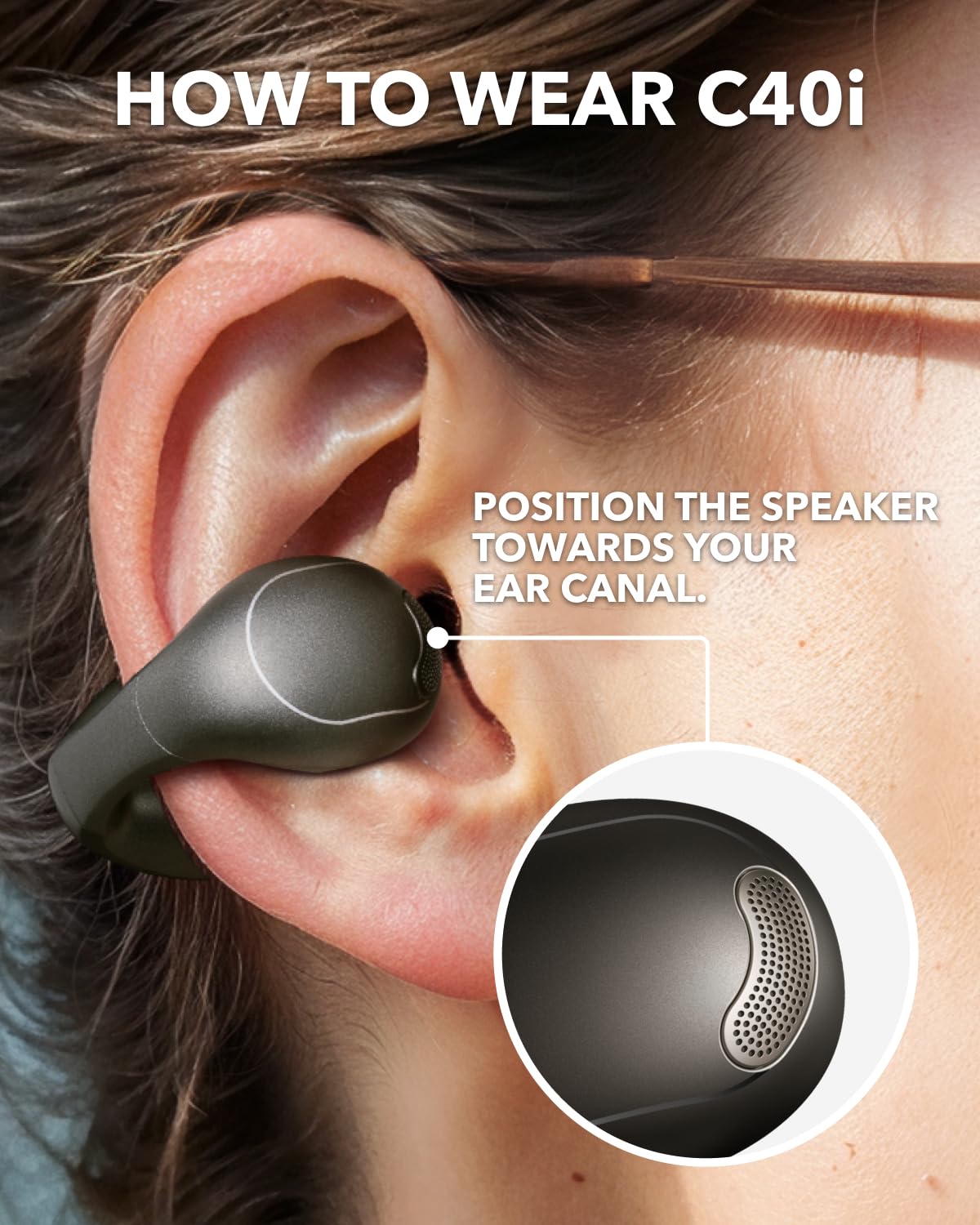 soundcore C40i by Anker, Open-Ear Earbuds, Clip-On Headphones, Flexible Joint Design, Button Controls, Lightweight Comfort, Stable Fit with Attachable Ear Grips, Expansive Drivers for Clear Sound