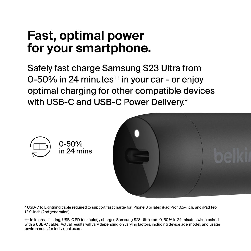 Belkin BoostCharge 30W Fast Car Charger With USB-C Power Delivery Port, Compact Design, Cable Included, Universal Compatibility for iPhone 16, 15, Galaxy S23, Note and More - Black