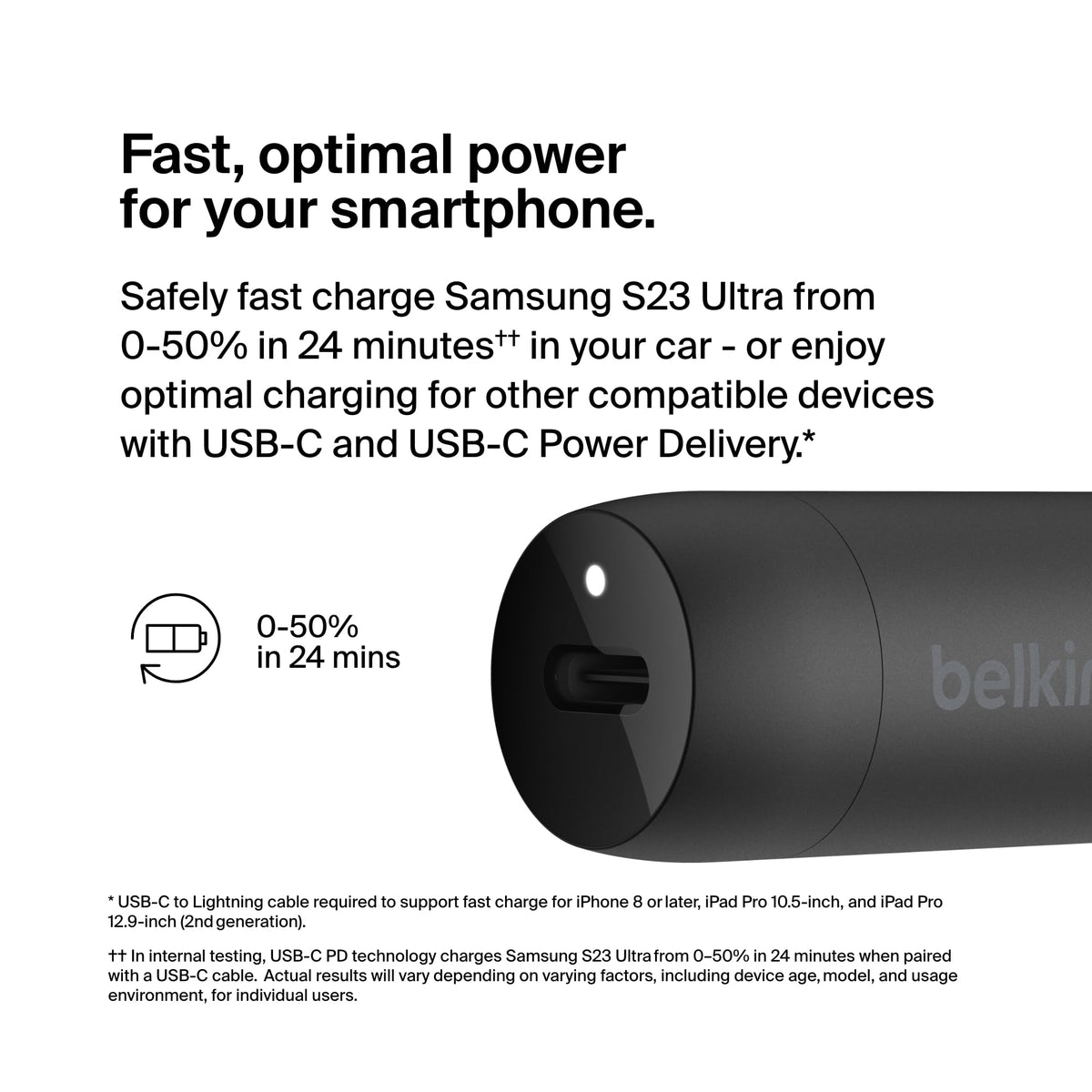 Belkin BoostCharge 30W Fast Car Charger With USB-C Power Delivery Port, Compact Design, Cable Included, Universal Compatibility for iPhone 16, 15, Galaxy S23, Note and More - Black