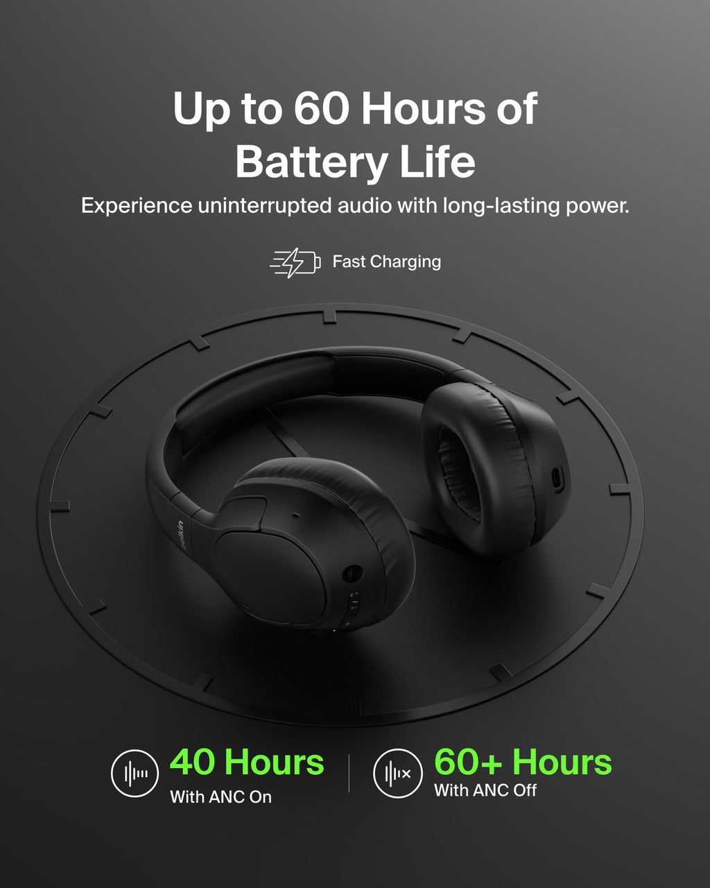 Belkin SoundForm Isolate Noise-Cancelling Wireless Headphones, over ear headphones with mic, Bluetooth headphones with 60H playtime, deep bass, CloudCushion ear cups for travel, home, office - Black