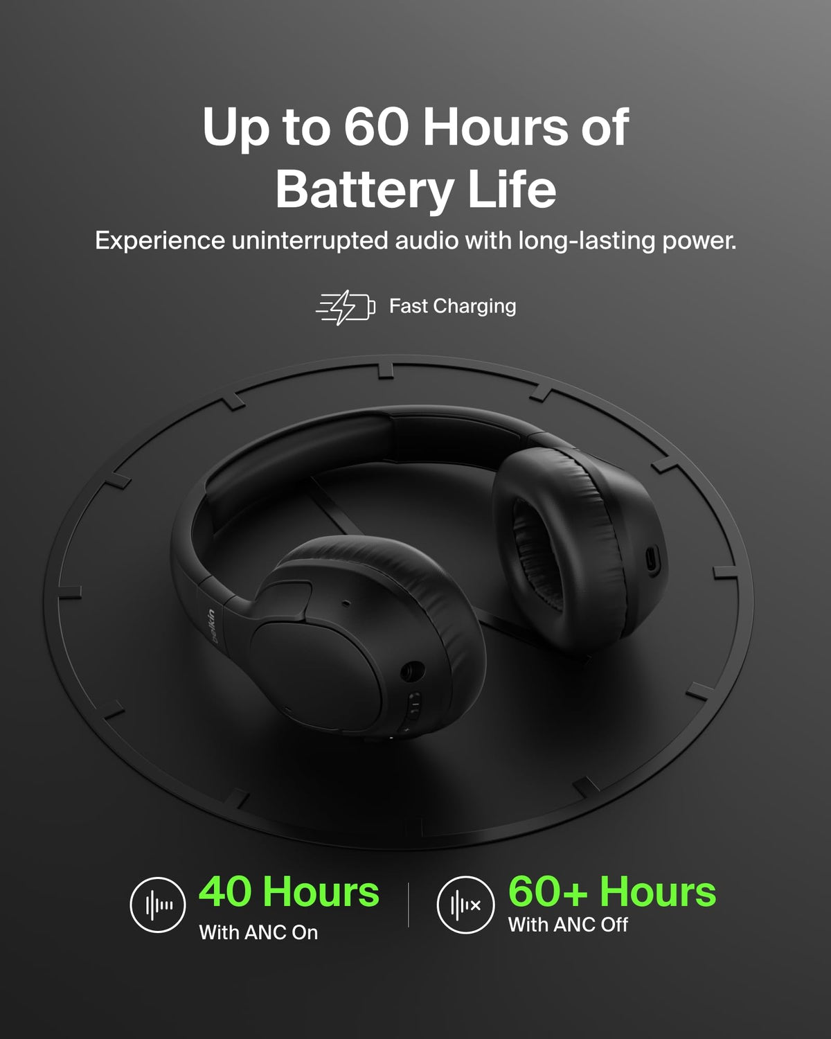 Belkin SoundForm Isolate Noise-Cancelling Wireless Headphones, over ear headphones with mic, Bluetooth headphones with 60H playtime, deep bass, CloudCushion ear cups for travel, home, office - Black