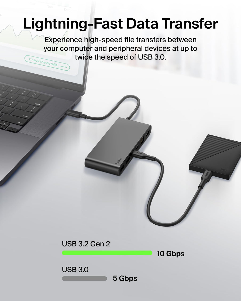 Belkin Connect 8-Port USB C Hub, Supports Display w/Resolutions up to 4K@60Hz - Works with Mac, Windows, and Chromebook - 100W PD w/ 10Gbps Data Transfer Speeds & 2.5Gbps Ethernet - Grey