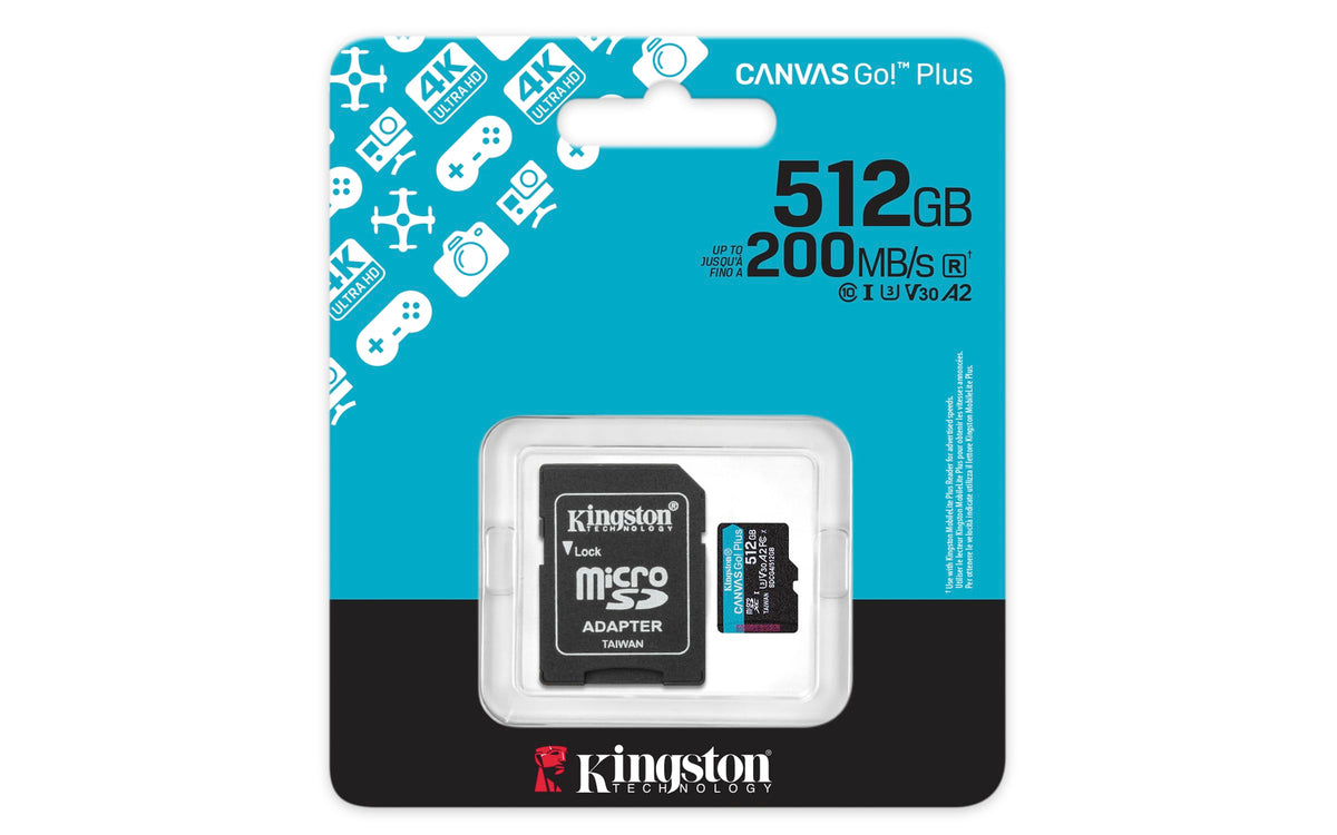 Kingston Canvas Go Plus microSDXC Memory Card Gen4 200MB/s A2 U3 V30 512GB Card + Adapter-SDCG4/512GB