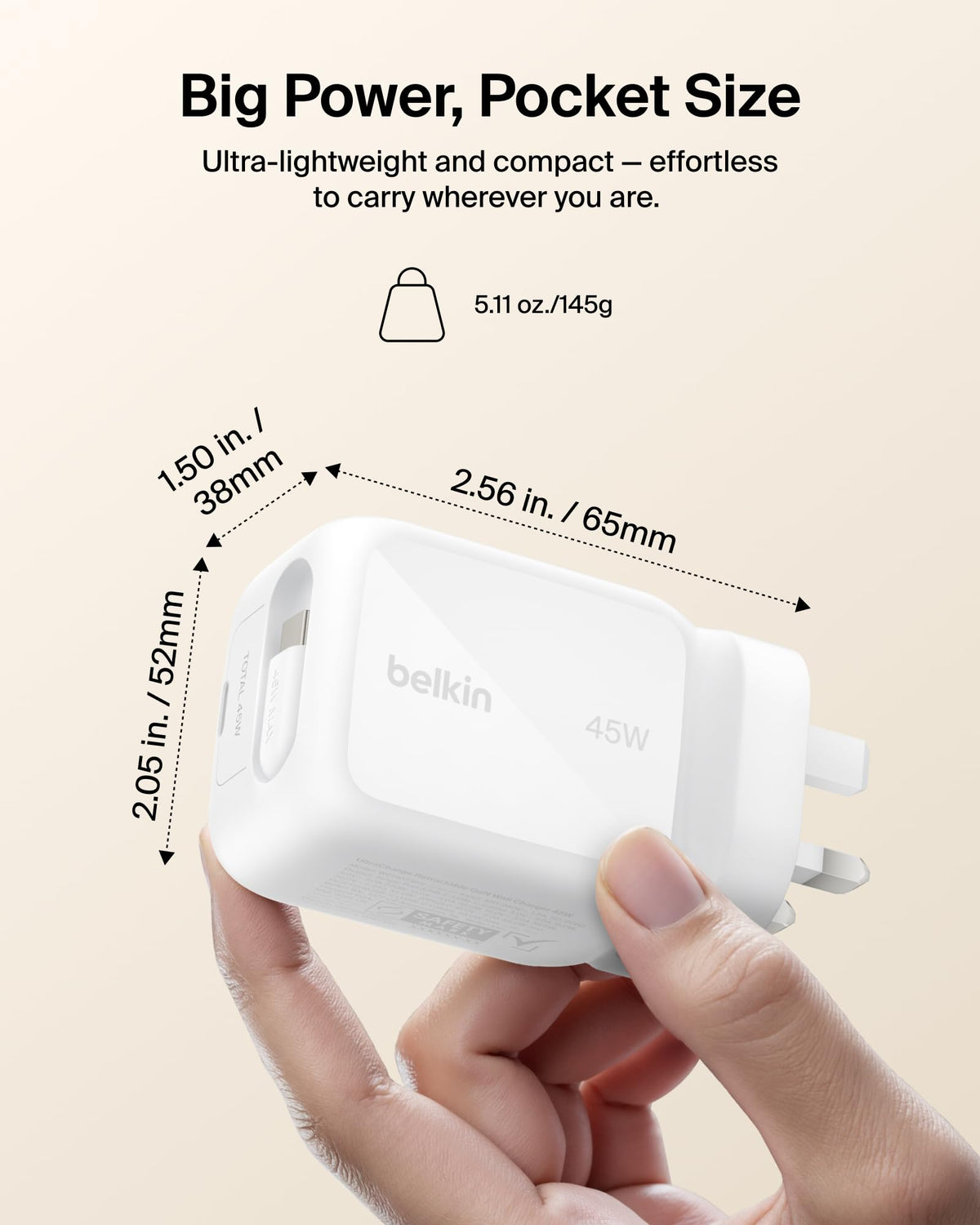 Belkin UltraCharge USB-C Plug Charger 45W with 2.3ft (80cm) Retractable USB C Cable & USB C Port, Fast Charging for iPhone 17 & 16 Series, Galaxy S26 Series, AirPods, Tablet, MacBook, Laptop
