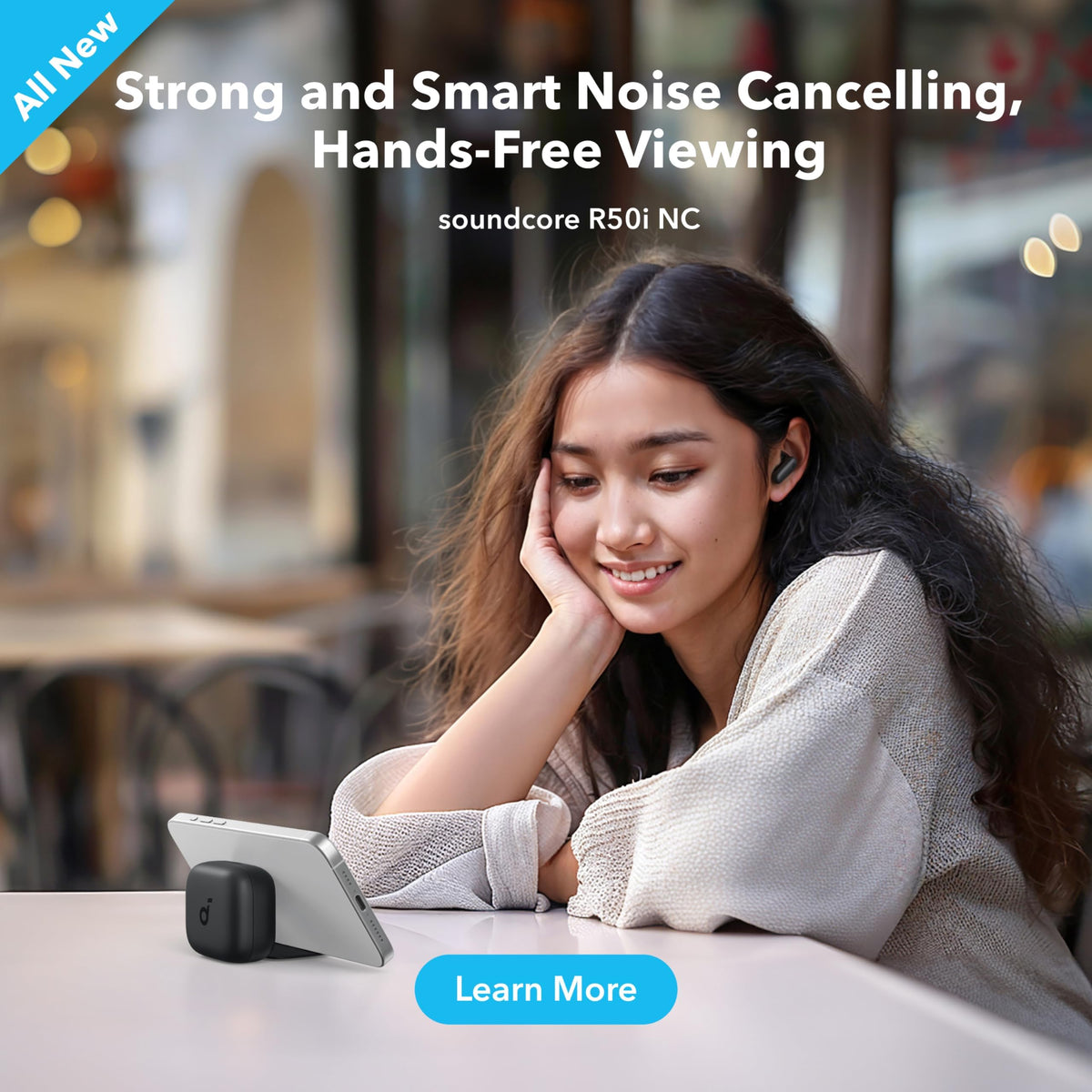 Soundcore by Anker R50i NC Wireless Bluetooth Earphones, Powerful and Smart Noise Cancelling, Powerful Bass, 45 Hours Playtime, 2-in-1 Case and Phone Stand, IP54, Bluetooth 5.4, Black