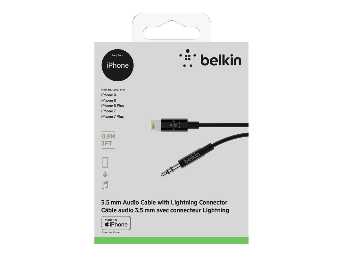 Belkin 3 ft/0.9 m 3.5 mm Audio Cable with Lightning Connector - MFi-Certified Lightning to Aux Cable for iPhone 13, 13 Pro, 13 Pro Max, 13 mini, 12, 12 Pro, 12 Pro Max, 12 mini, Black