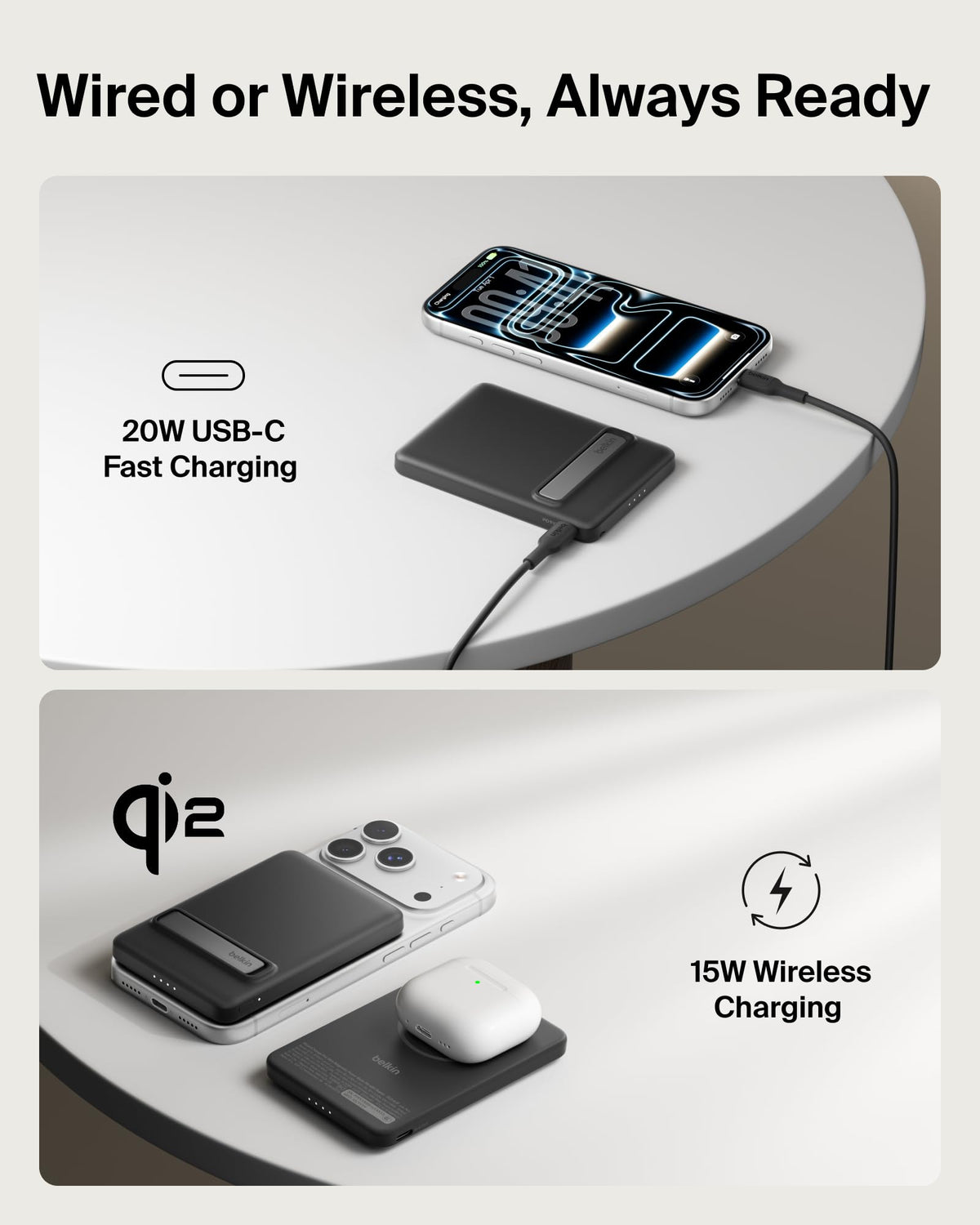 Belkin BoostCharge 5000mAh Slim Magnetic Power Bank with Kickstand - Black