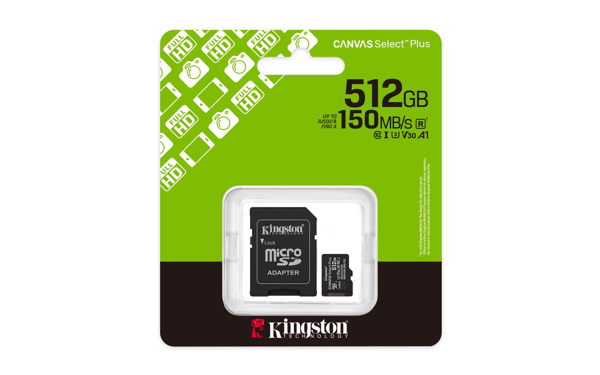 Kingston Canvas Select Plus microSD Memory Card 512GB microSDXC Gen3 150MB/s A1 Card + Adapter - SDCS3/512GB