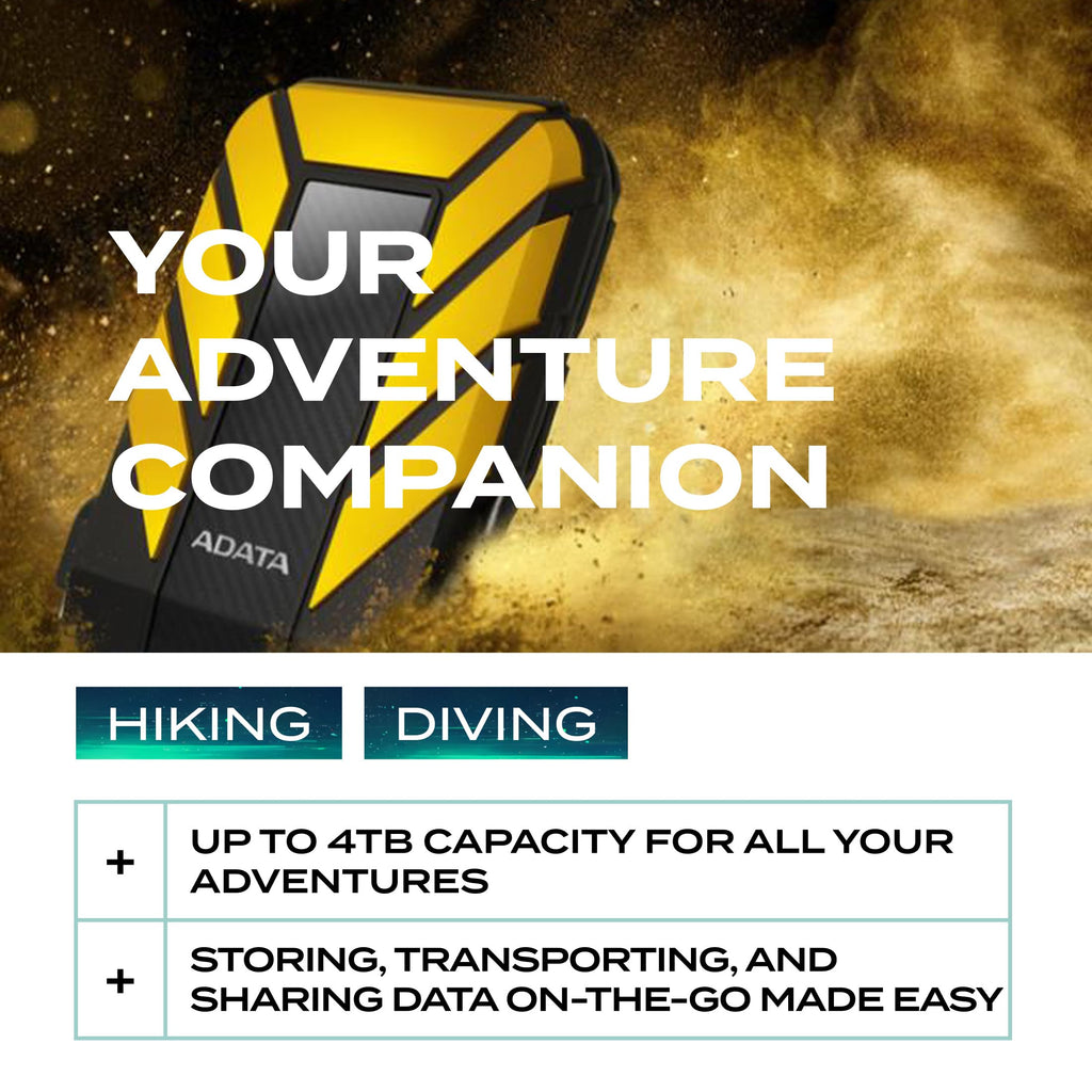 ADATA HD710 Pro 1TB HDD, USB 3.1, IP68 Waterproof/Shockproof/Dustproof Ruggedized External Hard Drive, Yellow (AHD710P-1TU31-CYL)