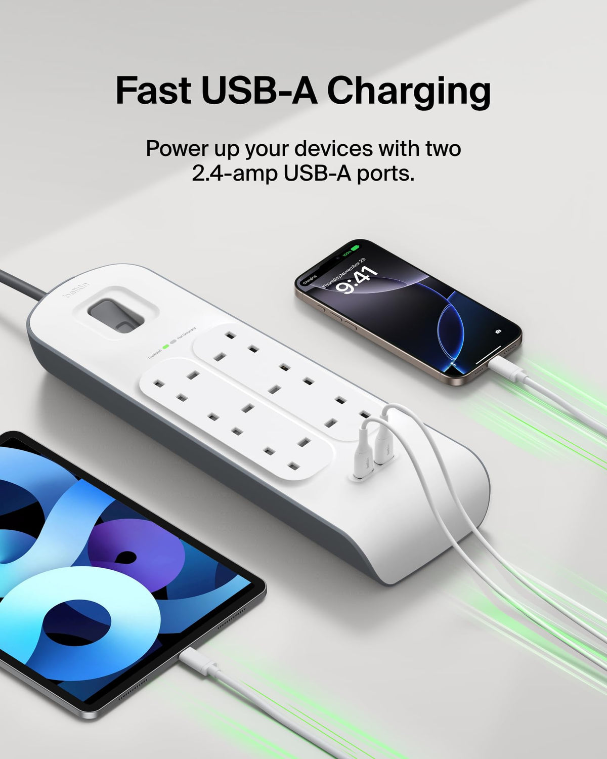 Belkin Extension Lead with USB Slots x 2 (2.4 A Shared), 6 Way/6 Plug Extension, 2m Surge Protected Power Strip - White
