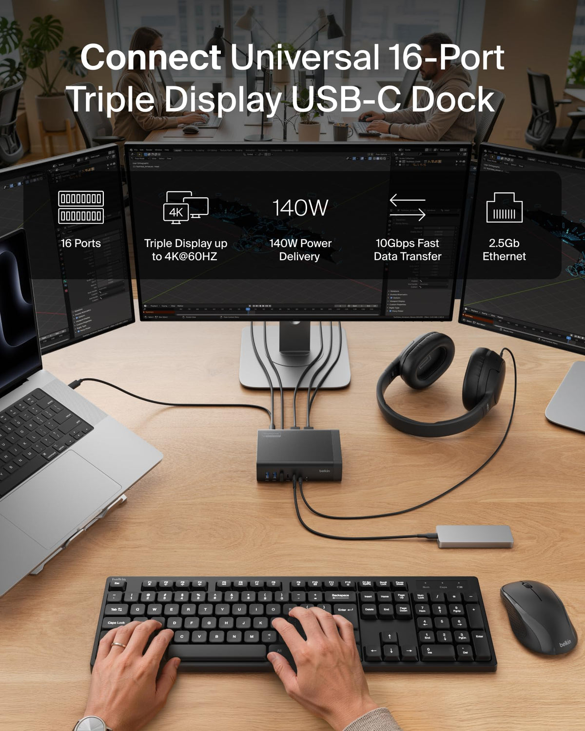 Belkin Connect 16-in-1 Docking Station 140W, Triple Display USB C Dock with 4K@60Hz Support, DisplayLink Technology, USB C Dock with 10Gbps Data Transfer, 2.5Gb Ethernet Port - Laptop Expansion Hub