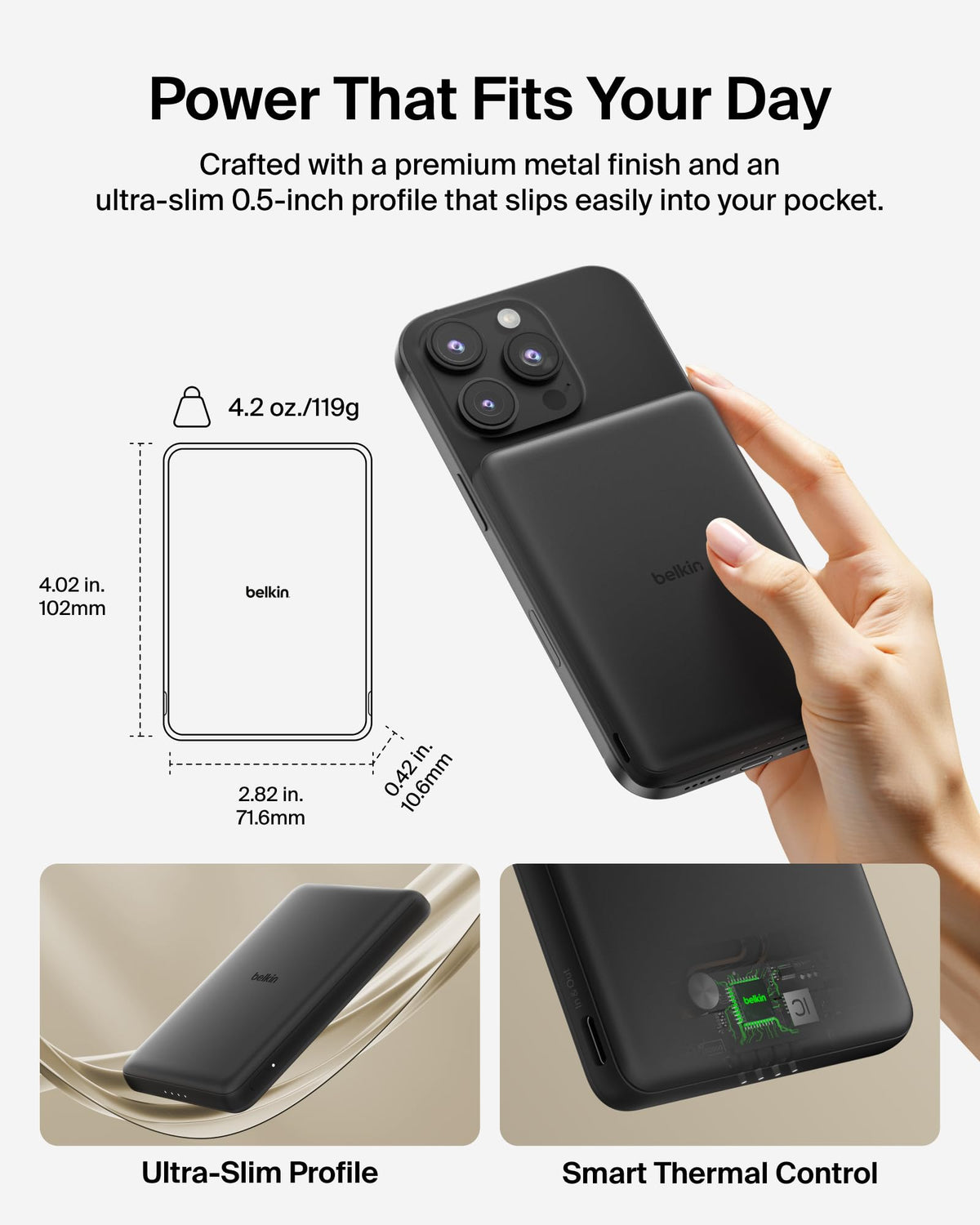 Belkin BoostCharge 5000mAh Slim Magnetic Power Bank with USB C Port - Black