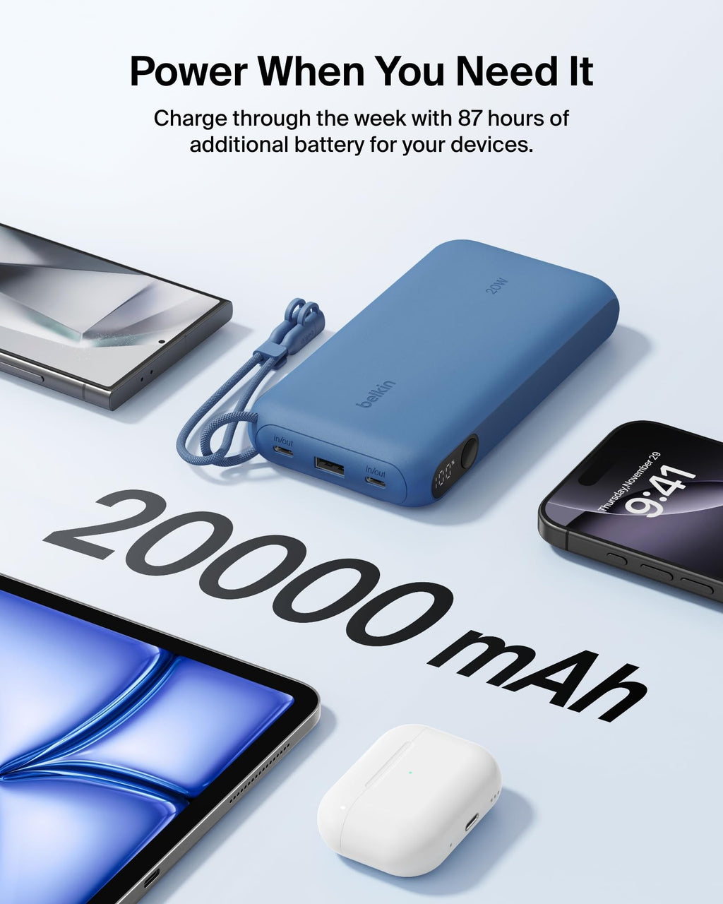 Belkin BoostCharge 20000mAh Power Bank with Digital Battery Display - Blue
