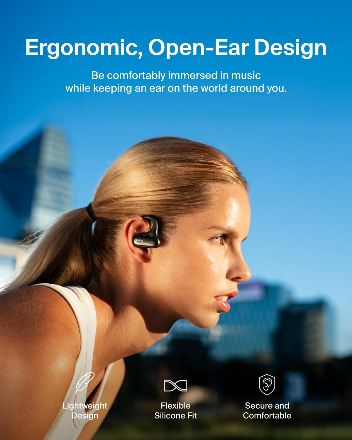 Belkin SoundForm ClearFit Open-Ear Headphones, lightweight wireless earphones with ENC, Bluetooth earbuds with ear hooks, clear calls, 26H playtime, IPX5 running and gym headphones for sports - Black
