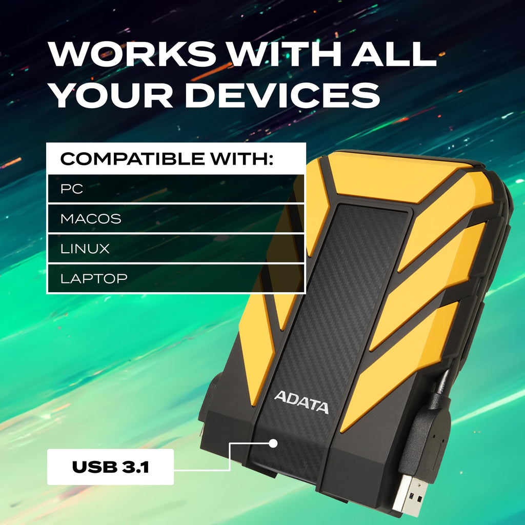 ADATA HD710 Pro 2TB USB 3.1 IP68 Waterproof/Shockproof/Dustproof Ruggedized External Hard Drive, YELLOW (AHD710P-2TU31-CYL)
