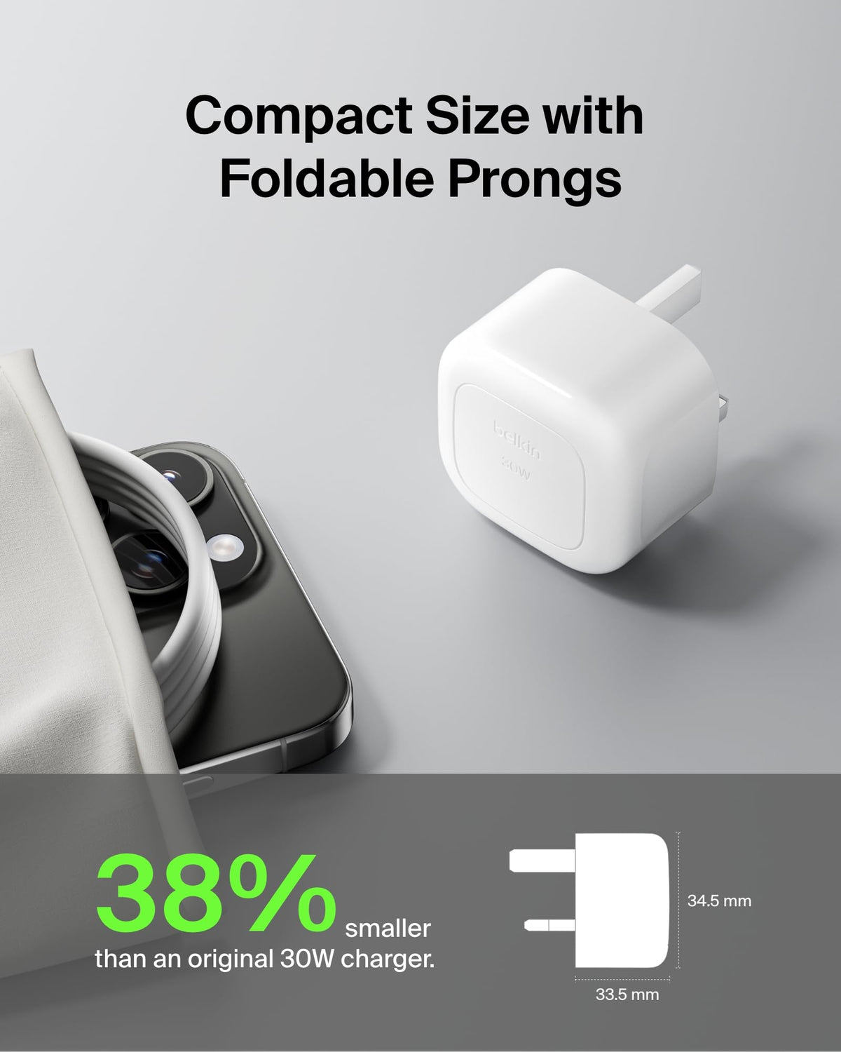 Belkin BoostCharge Compact Wall Charger 30W, Travel-friendly USB-C Power Delivery Fast Charging for Apple iPhone 17, Air, 16, 15, 14, Samsung Galaxy S25, Pixel, iPad, AirPods, Tablet & More - White