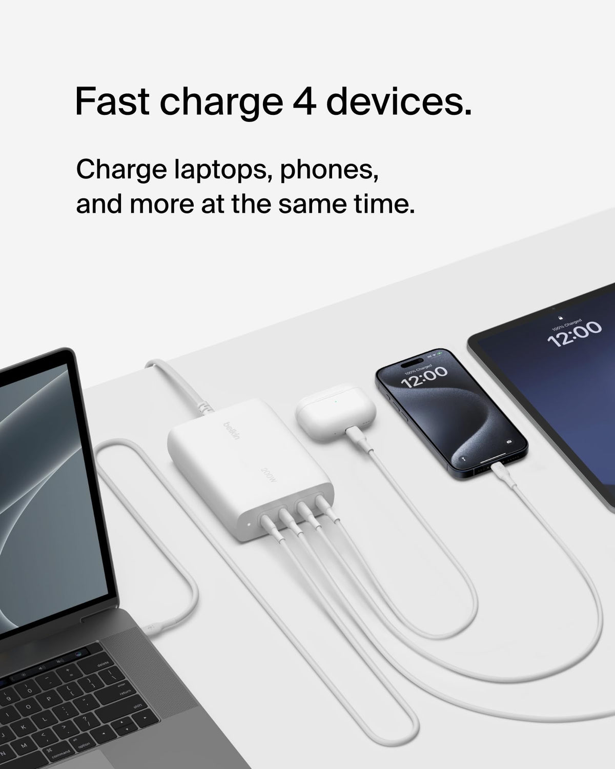 Belkin BoostCharge Pro 4-Port USB-C GaN Wall Charger, 200W Multi-Port Charger w/USB-C PD 3.1 Fast Charge + 5ft Power Cord for MacBook Pro, iPhone 17, Air, iPad, Galaxy S25, Pixel 10, Laptop - White