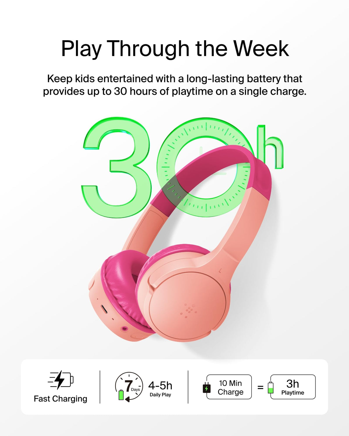 Belkin SoundForm Mini Kids Wireless Headphones with Built-In Microphone, 30H of Playback Time, & Fun Stickers - Over-Ear Headsets for Online Learning, School, Travel, iPhone, iPad, Galaxy - Pink