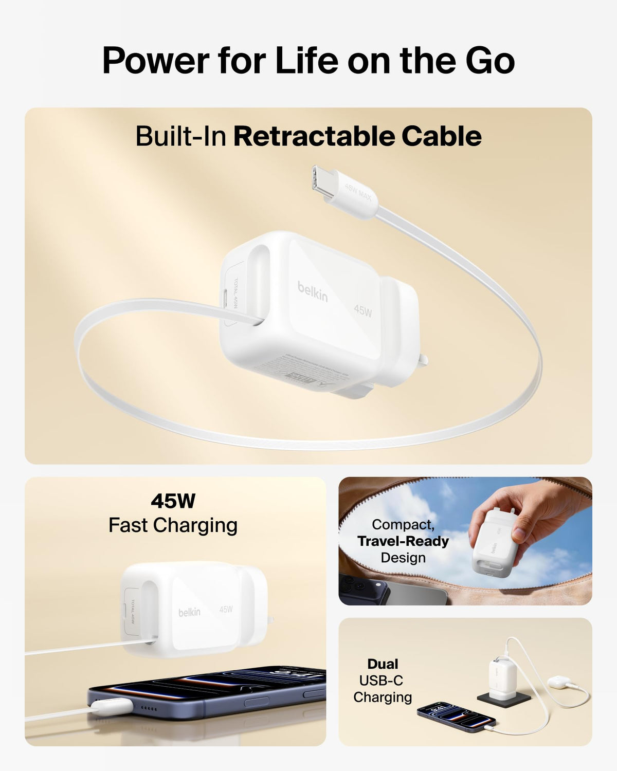 Belkin UltraCharge USB-C Plug Charger 45W with 2.3ft (80cm) Retractable USB C Cable & USB C Port, Fast Charging for iPhone 17 & 16 Series, Galaxy S26 Series, AirPods, Tablet, MacBook, Laptop