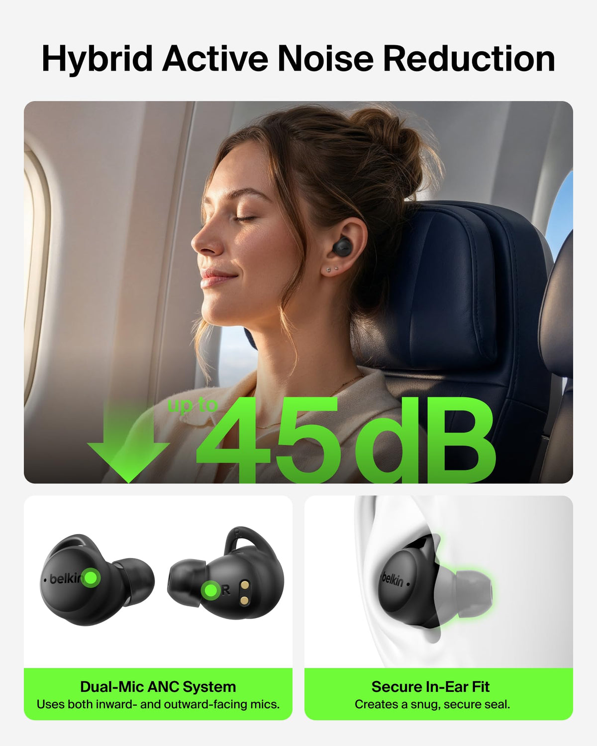 Belkin SoundForm Isolate Buds Wireless Earbuds ANC, Noise Cancelling, Black