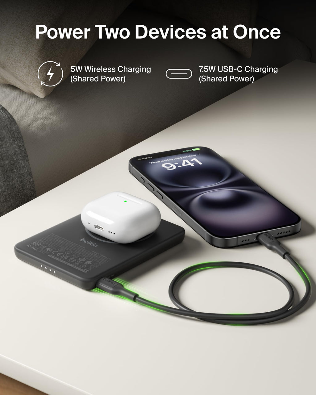 Belkin BoostCharge 5000mAh Slim Magnetic Power Bank with USB C Port - Black