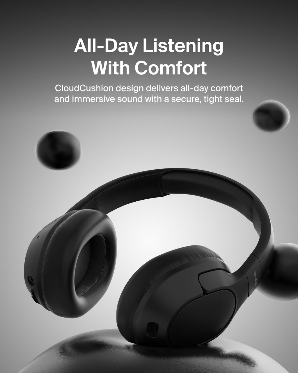 Belkin SoundForm Isolate Noise-Cancelling Wireless Headphones, over ear headphones with mic, Bluetooth headphones with 60H playtime, deep bass, CloudCushion ear cups for travel, home, office - Black