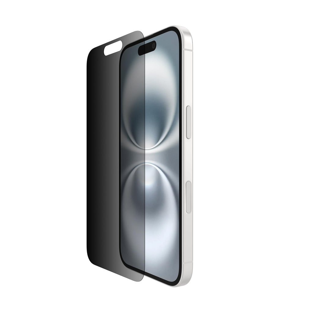 Belkin ScreenForce InvisiGlass iPhone 16 Privacy Screen Protector, scratch-resistant impact protection, easy align tray for bubble free application, recycled glass for iPhone 16, iPhone 15, 14 Pro