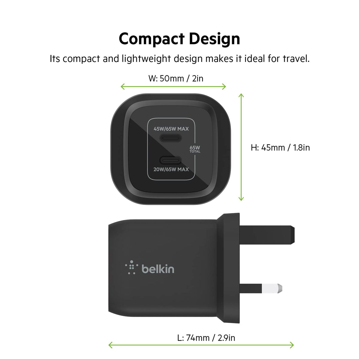 Belkin 65W Dual USB Type C Wall Charger, Fast Charging Power Delivery 3.0 with GaN Technology, USB Plug fast charger for iPhone 17, Air, iPad, MacBook, Samsung Galaxy S25, Pixel and More - Black