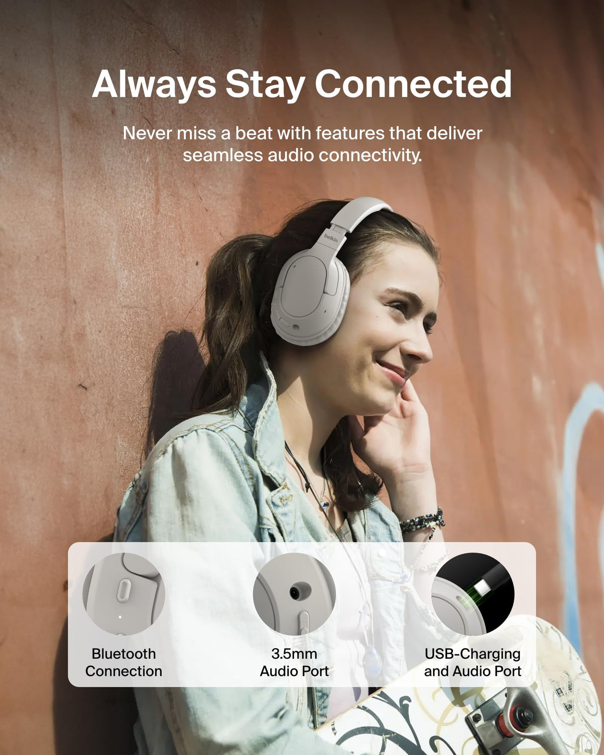 Belkin SoundForm Surround Bluetooth Over-Ear Headphones, Environmental Noise Cancelling Headphones, Wireless with 60H Playtime and Soft Ear Cups for iPhone, Galaxy, iPad, Travel, Home or Office, Sand