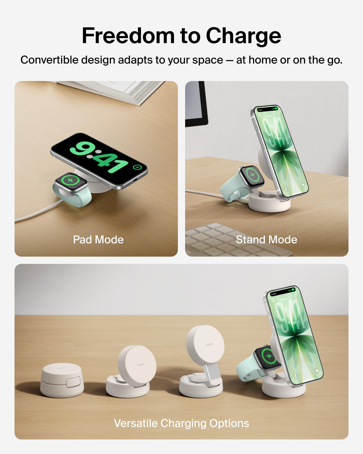Belkin UltraCharge Pro 2 in 1 Qi2 Wireless Charging Station, 25W - Sand