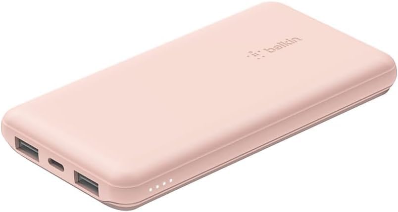 Belkin 10000mAh portable power bank, 10K USB-C portable charger with 1 USB-C port and 2 USB-A ports, battery pack for up to 15W charging for iPhone, Samsung Galaxy, AirPods, iPad, and more - Rose Gold