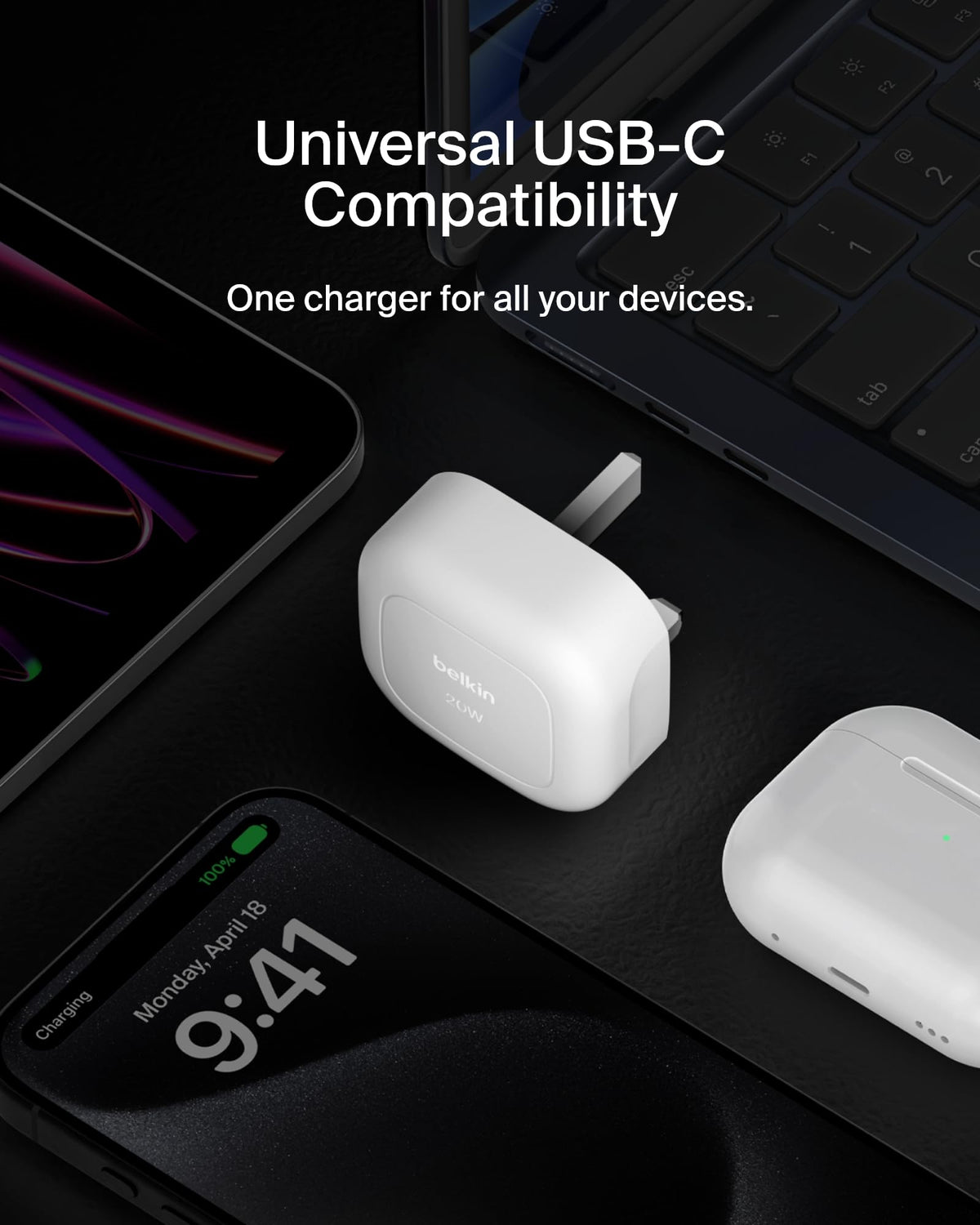 Belkin BoostCharge 20W Cubic Wall Charger, USB-C Power Delivery Fast Charging for Apple iPhone 17, Air, 16, Samsung Galaxy S25, Pixel 10, Nintendo Switch with USB-C to Type C Cable included - White